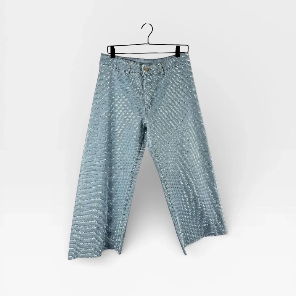 Blue B Collection Wide Leg Cropped Rhinestone Denim Jeans Large (Note Flaws) (I)